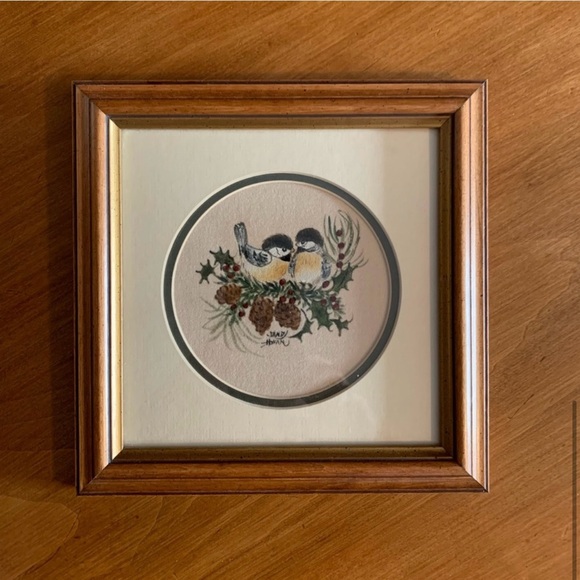 SANDY HONAN THEOREM PAINTING, BIRDS PINECONES & RED BERRIES, 8.75" SQUARE - Picture 4 of 5